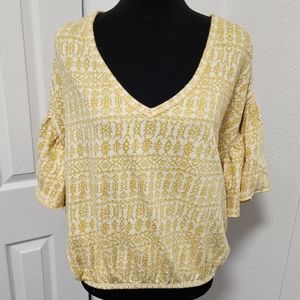 Free People Short Bell Sleeve Yellow & White Cinch Waist Oversized Top